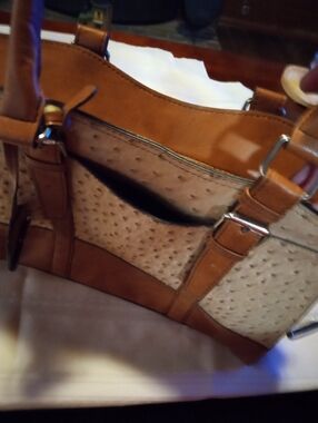 Tan Faux Ostrich Tote Bag with Leather Trim